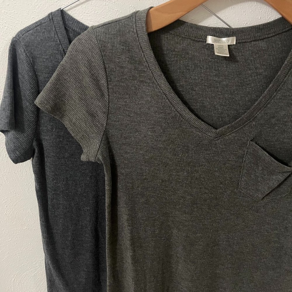 Bozzolo Ribbed V-neck Tshirt set - Charcoal AND Olive - Large